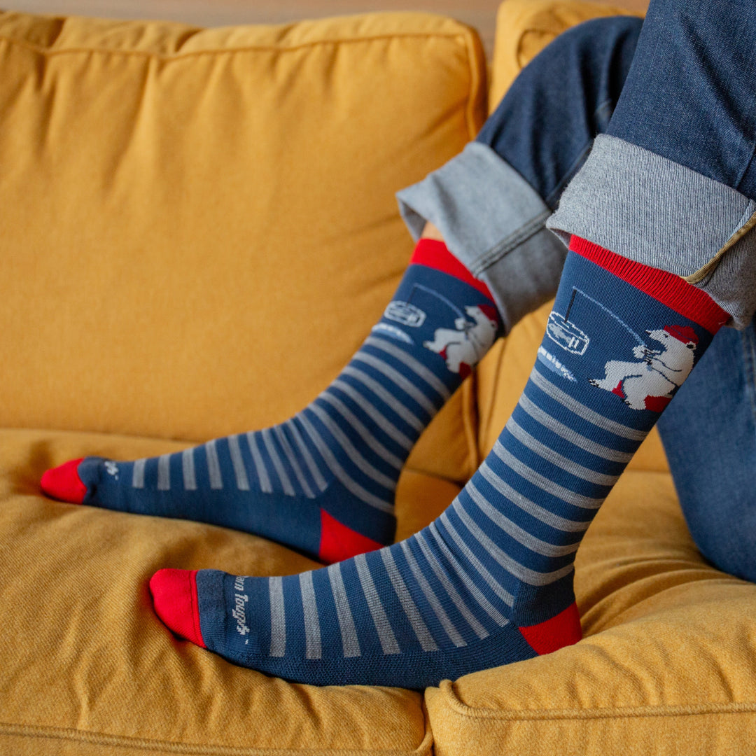 models feet on couch wearing the 6096 wild life crew in polar bear lake colorway