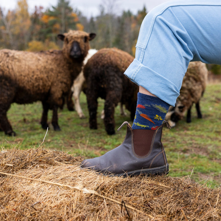 image of model leg on hay bale wearing 6054 farmers market crew lightweight indigo with sheep in background