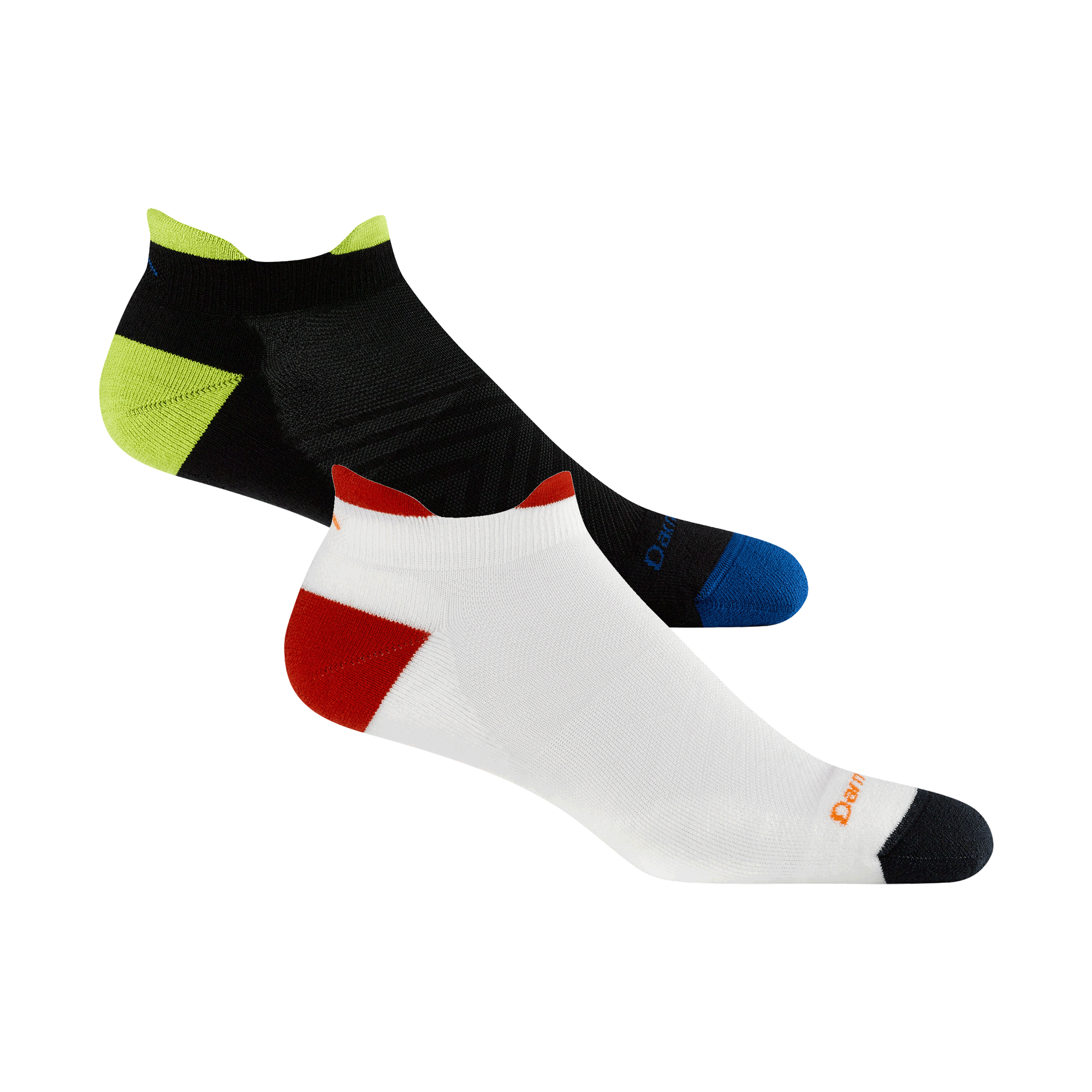 Studio shot of 1039 No Show Tab 2 pack in Black Lime and White Red colorway