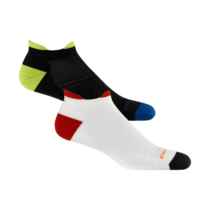 Studio shot of 1039 No Show Tab 2 pack in Black Lime and White Red colorway
