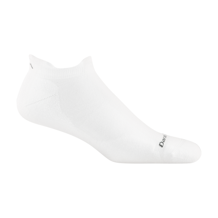 1039 men's no show tab running sock in white with dark grey darn tough signature on forefoot