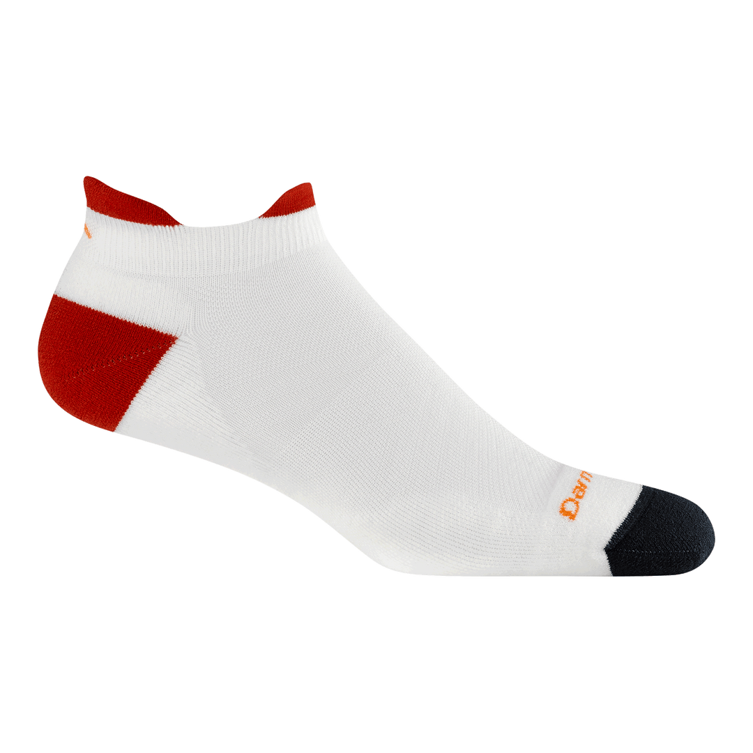 1039 men's no show ultra lightweight running sock in white red featuring a black toe red heel/tab and white body 