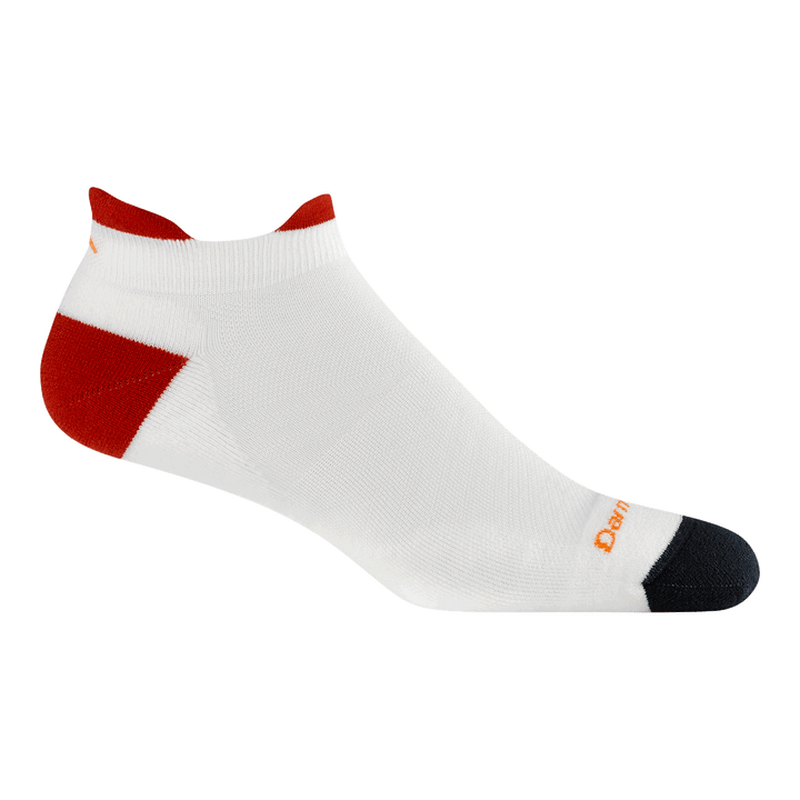 1039 men's no show ultra lightweight running sock in white red featuring a black toe red heel/tab and white body 