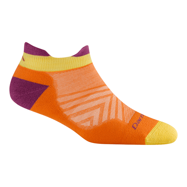 1047 women's no show ultra lightweight running sock in tangerine featuring a yellow toe/ cuff purple heel/tab and orange body 