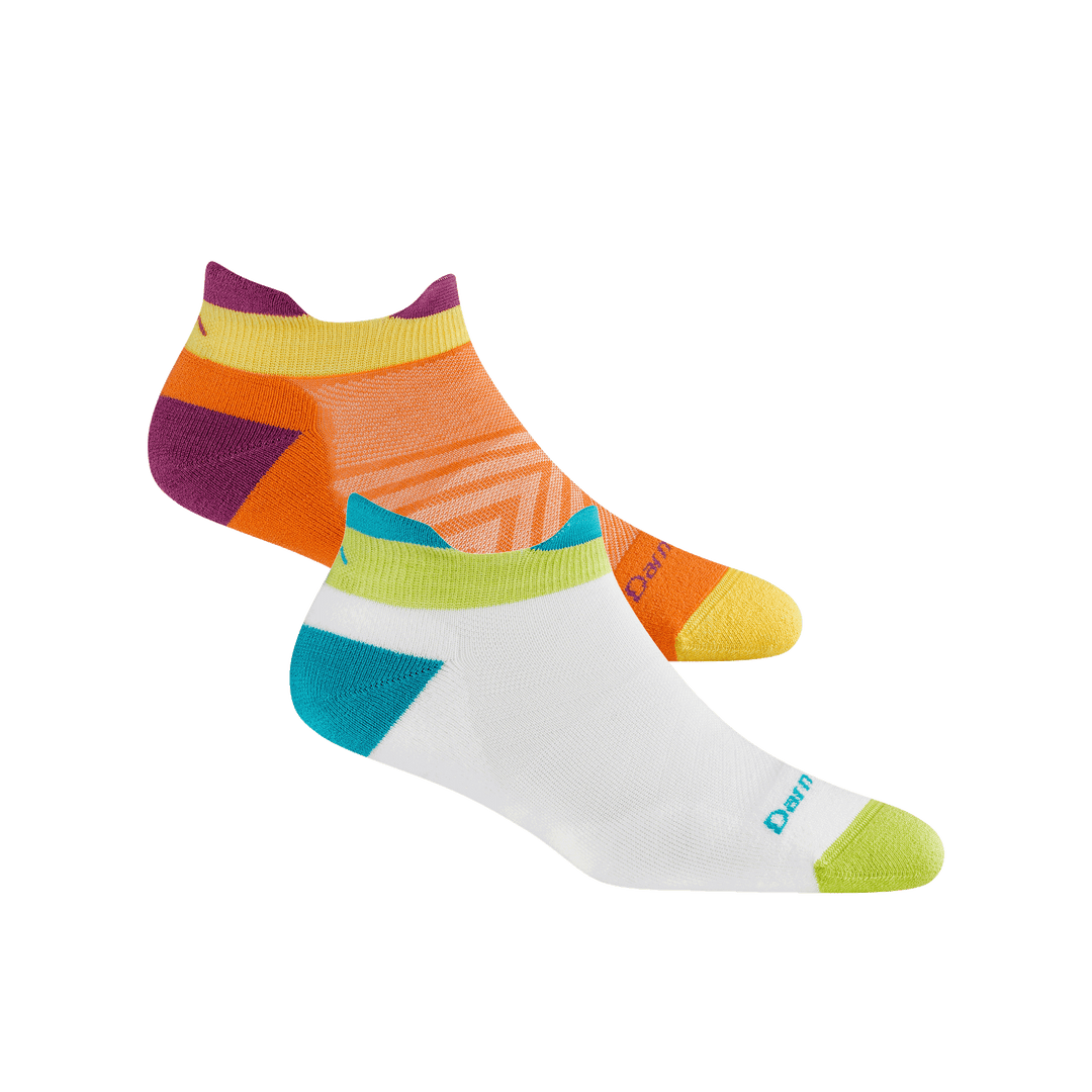 Bundle image of two 1047 No show run socks in WhiteTeal and Tangerine