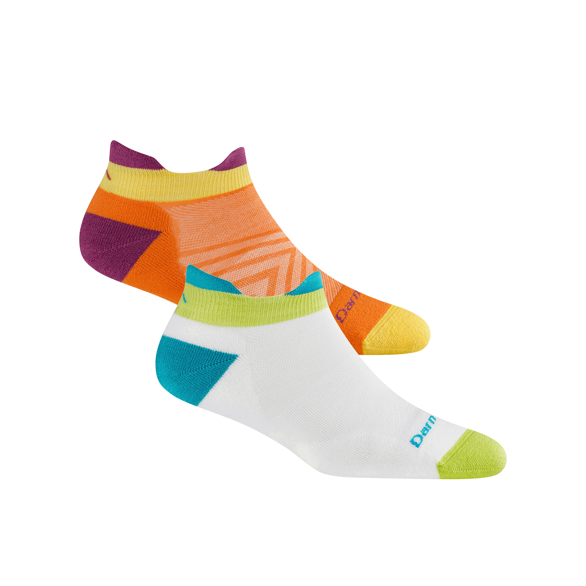 Bundle image of two 1047 No show run socks in WhiteTeal and Tangerine