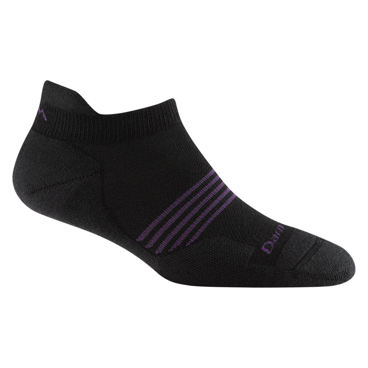 1112 women's element no show tab running sock in color black with purple forefoot striping 