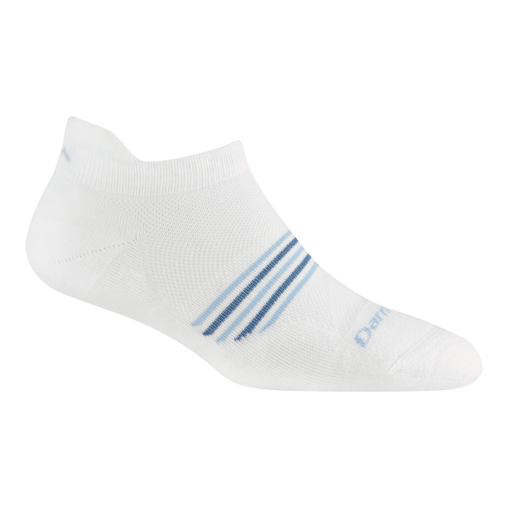 1112 women's element no show running sock in vapor white with light blue forefoot striping and logo