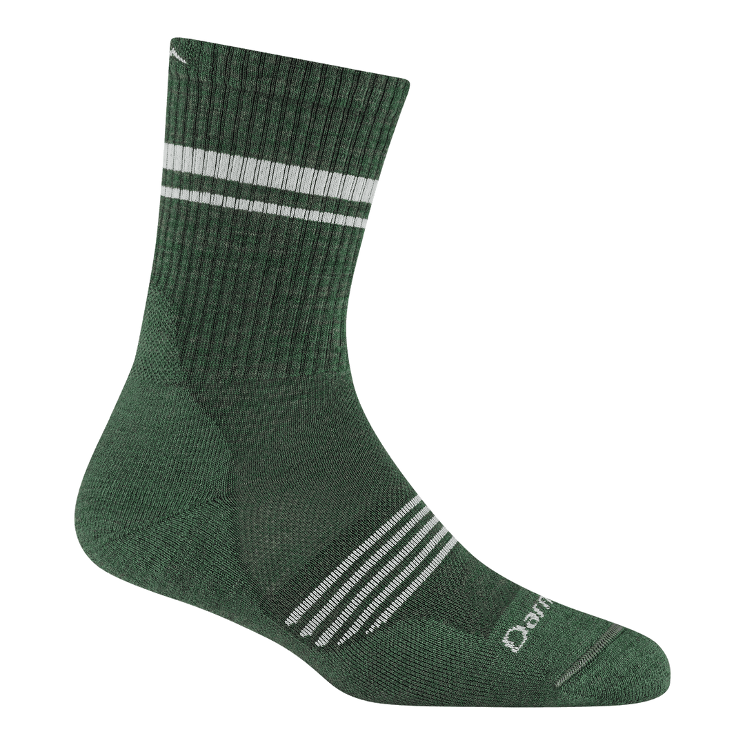 1114 women's element micro crew running sock in moss with white forefoot striping and horizontal leg stripes