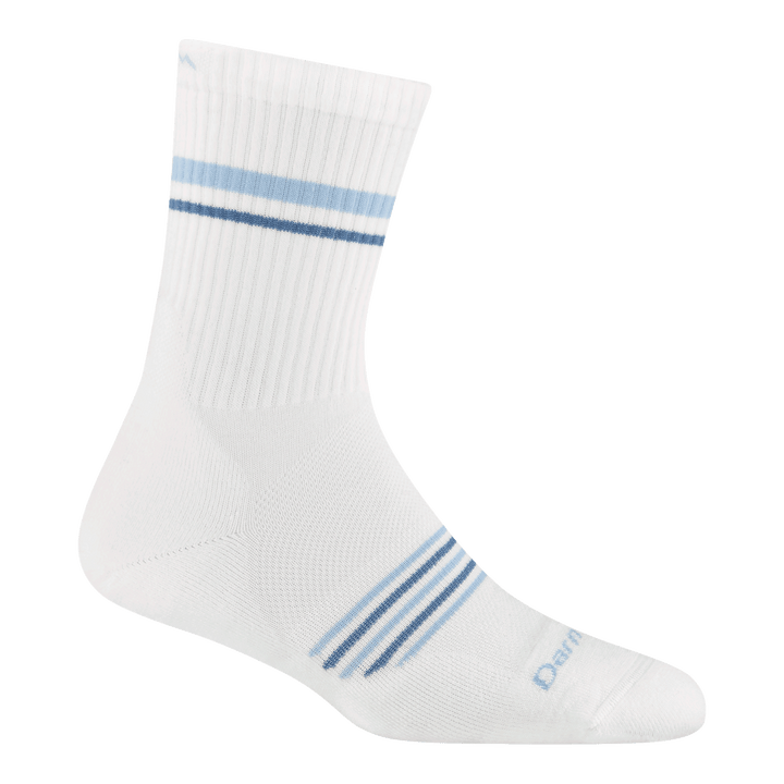 1114 women's element micro crew running sock in vapor white with blue forefoot striping and horizontal leg stripes