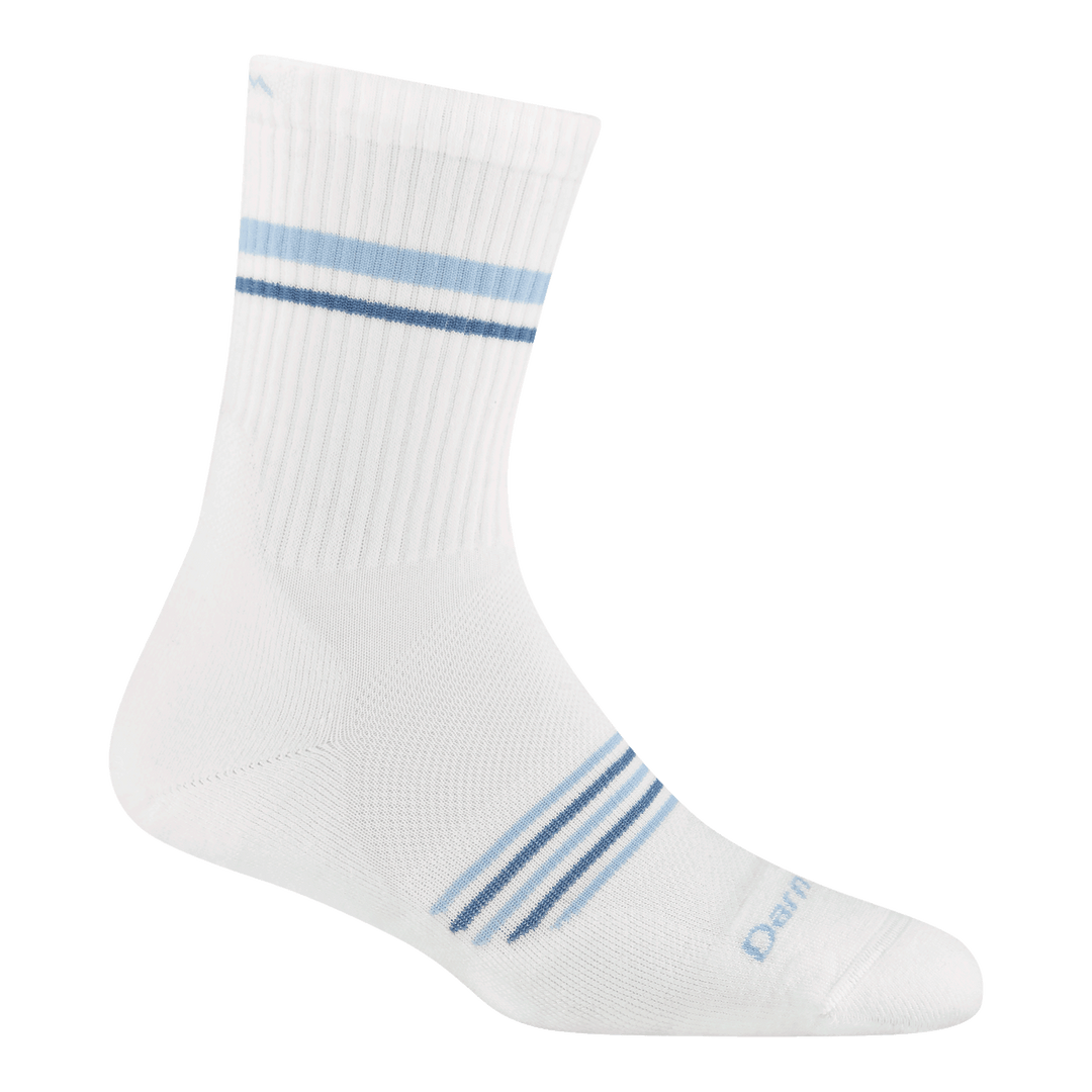 1114 women's element micro crew running sock in vapor white with blue forefoot striping and horizontal leg stripes