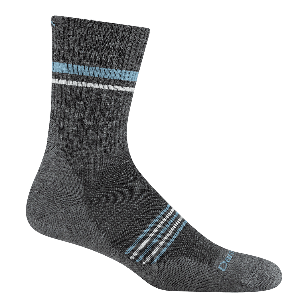 1118 men's element micro crew running sock in gray with white and blue forefoot striping and leg stripes