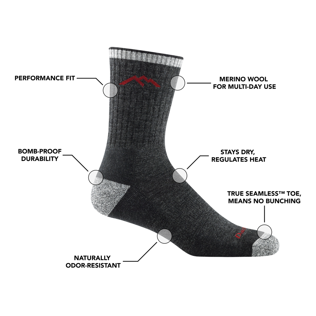 Image of Men's Micro Crew Hiking Sock calling out all of the features in the sock