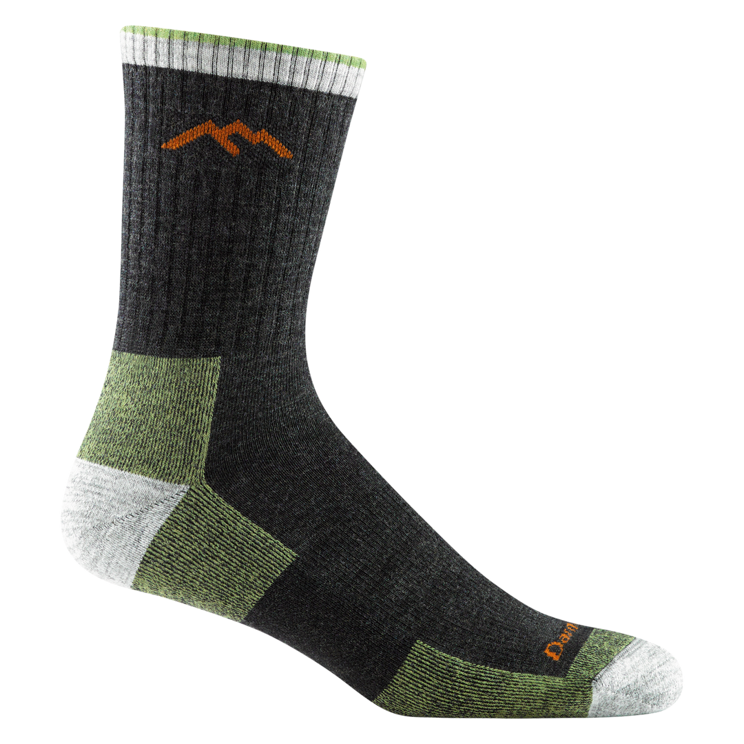 1466 men's micro crew hiking sock in dark green with white toe/heel accents and lime green color block on bottom