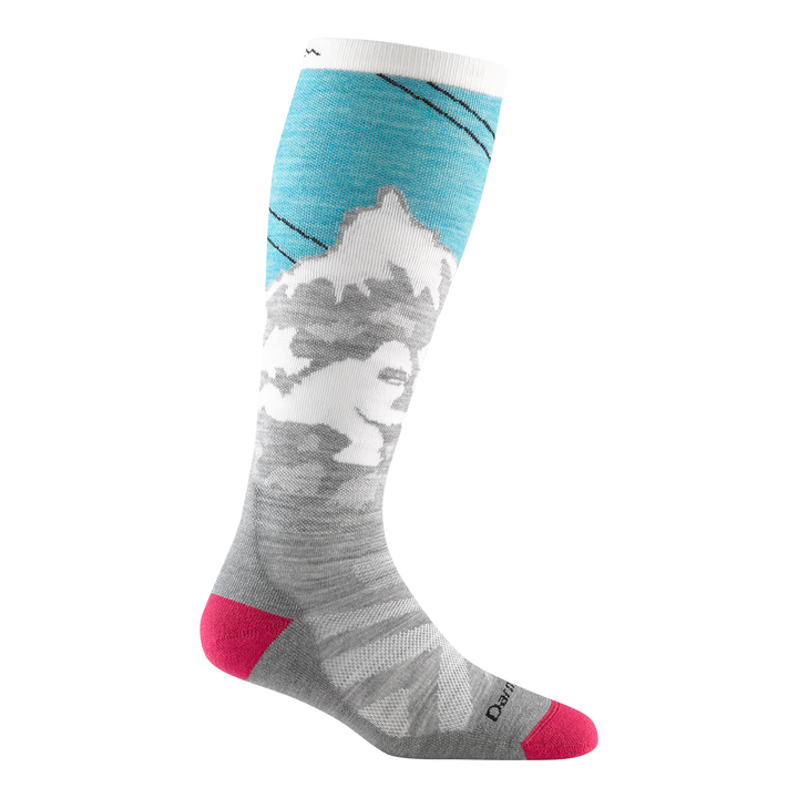 Women's yeti over-the-calf ski sock in aqua with grey chevron detailing on forefoot and mountain scape design