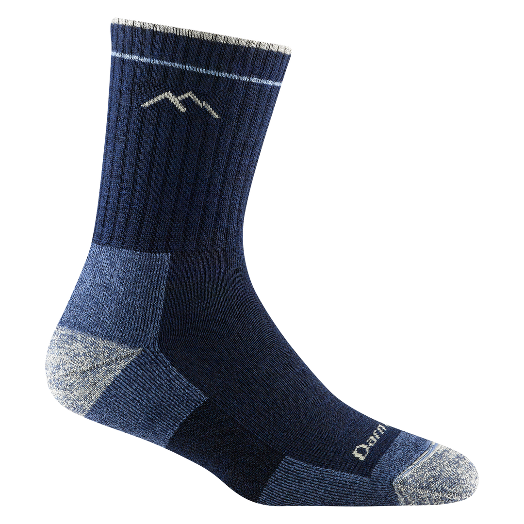 1903 women's micro crew hiking sock in color navy blue with gray toe/heel accents and light blue color block details