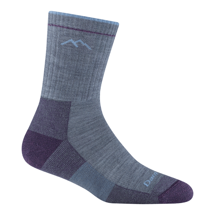 1903 women's hiker micro crew hiking sock in light denim with purple toe/heel accents, light blue darn tough mountain detail