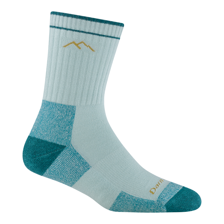 1929 women's coolmax micro crew hiking sock in glacier with teal toe/heel accents and yellow mountain logo