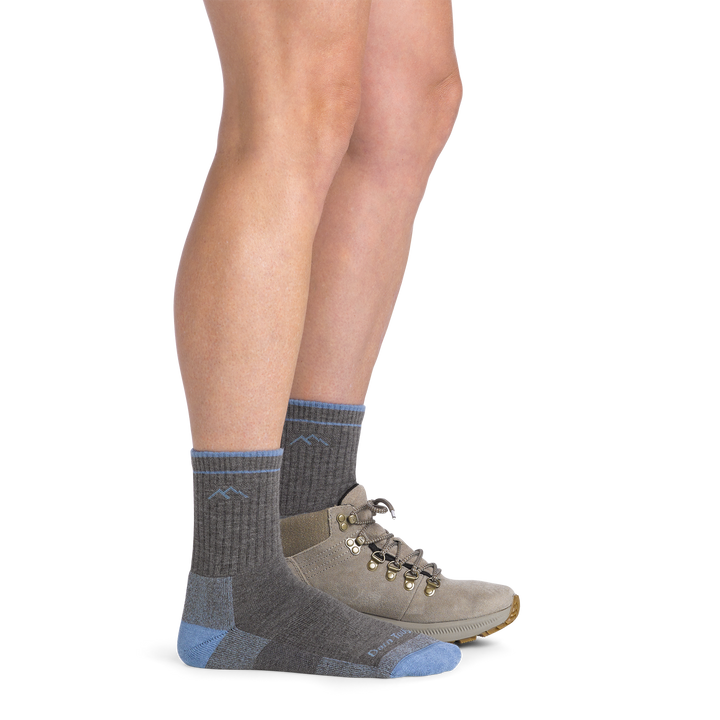 on model image side view with back foot in shoe wearing the 1929 micro crew coolmax hiker in gray colorway