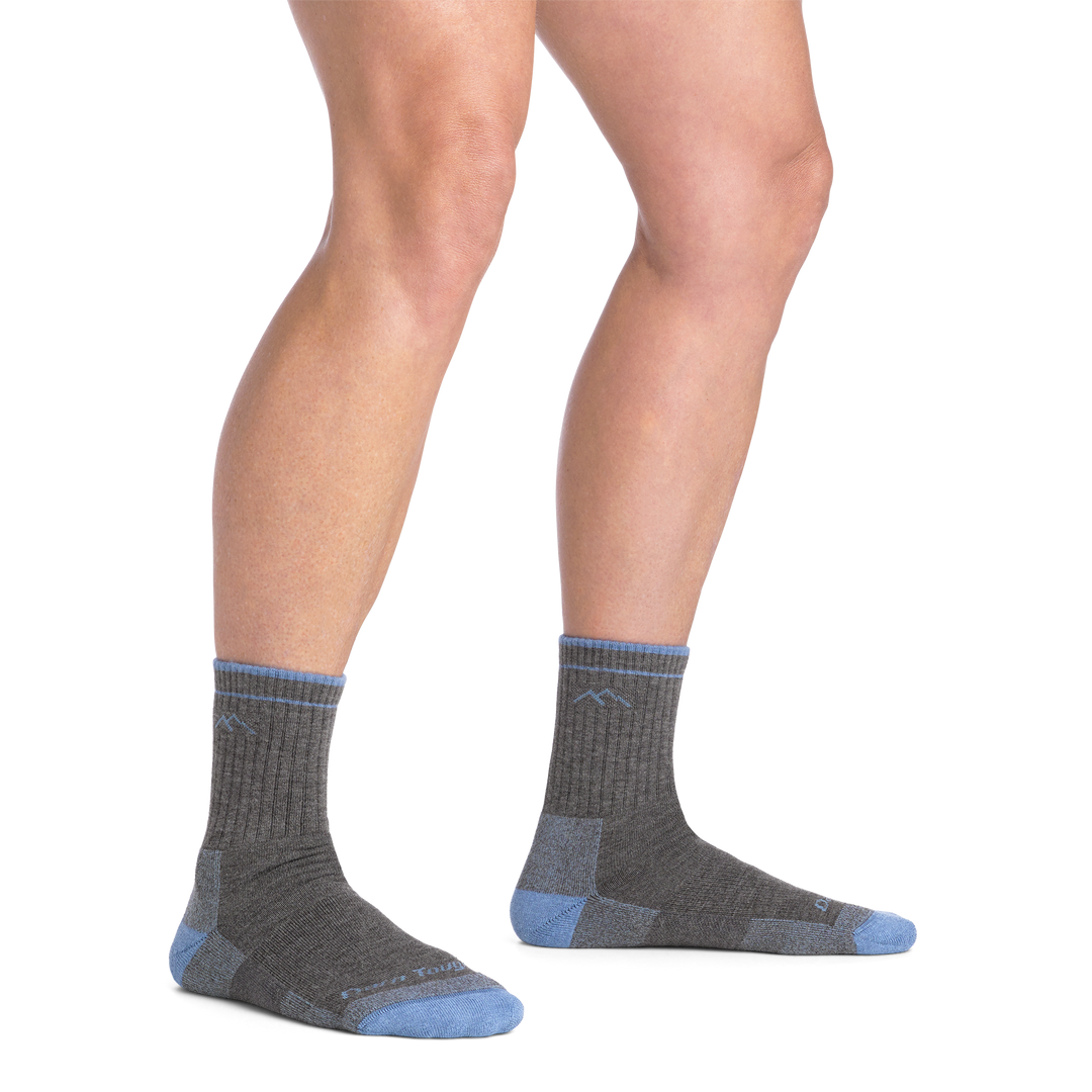 on model image bare foot wearing the 1929 coolmax micro crew hiker in gray colorway