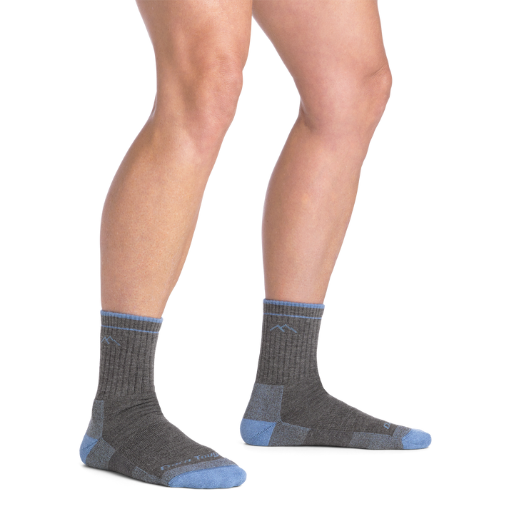 on model image bare foot wearing the 1929 coolmax micro crew hiker in gray colorway