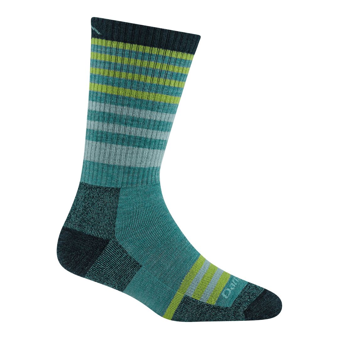 1946 women's Gatewood boot hiking sock in color Aqua with navy toe/heel accents and blue and yellow striping
