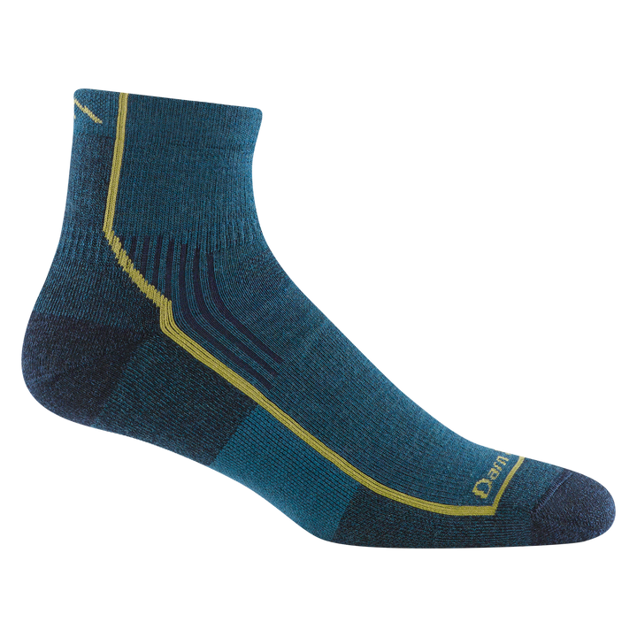  1959 men's quarter hiking sock in color dark teal with navy toe/heel accents and yellow forefoot outline