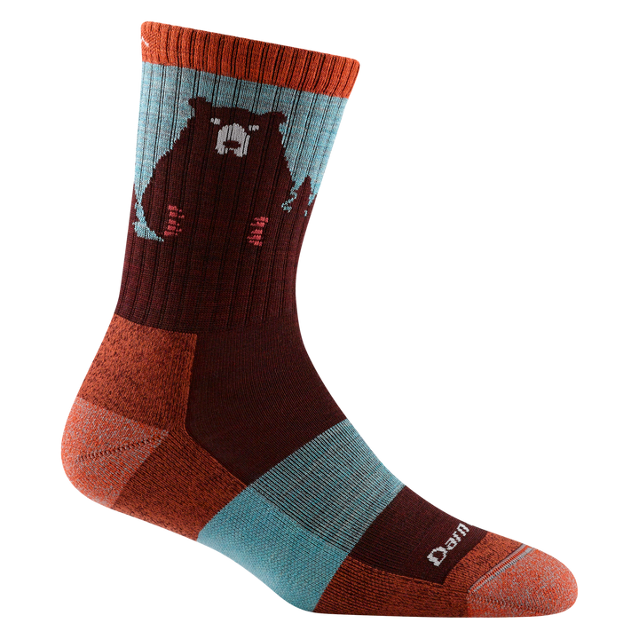 1970 women's bear town micro crew hiking sock in burgundy with orange toe/heel accents and bear design on calf