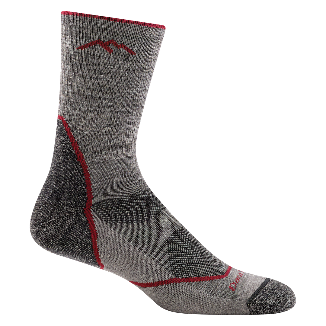 1972 men's light hiker micro crew hiking sock in color taupe with gray accents and red stripe on heel and forefoot