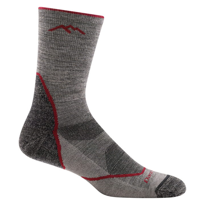 1972 men's light hiker micro crew hiking sock in color taupe with gray accents and red stripe on heel and forefoot