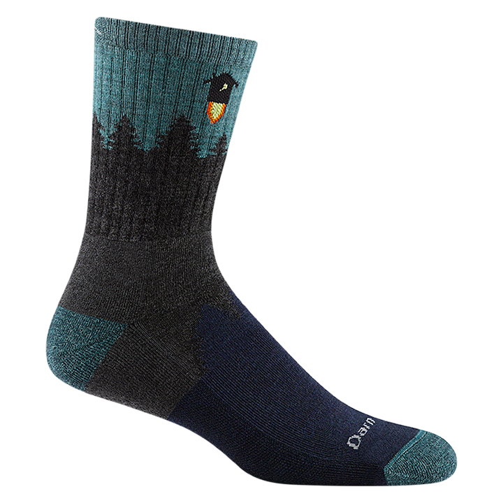 1974 men's number 2 micro crew hiking sock in color navy with blue toe/heel accents and tree silhouette design