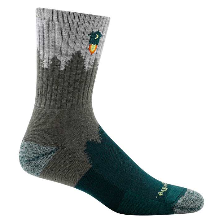 1974 men's number 2 micro crew hiking sock in color green with grey toe/heel accents and tree silhouette design