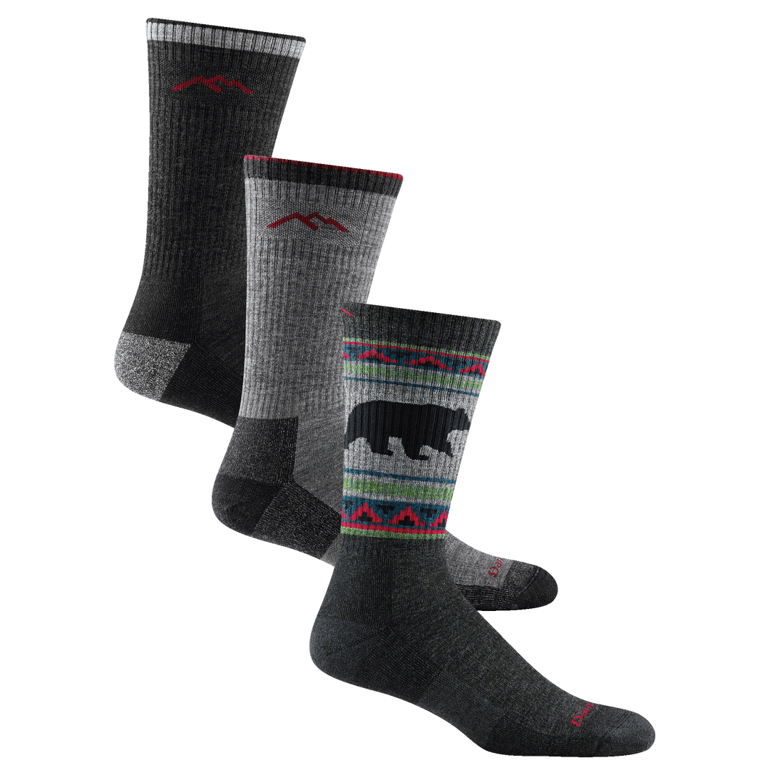 3 pack bundle shot of the men's boot hiking sock in black,and charcoal and the vangrizzle boot hiking sock in charcoal