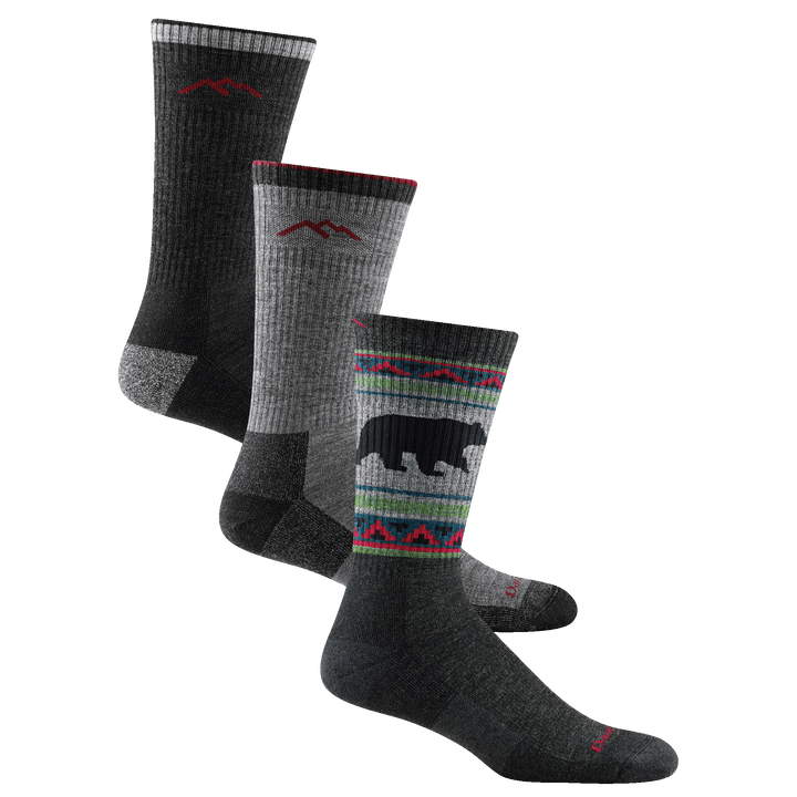3 pack bundle shot of the men's boot hiking sock in black,and charcoal and the vangrizzle boot hiking sock in charcoal
