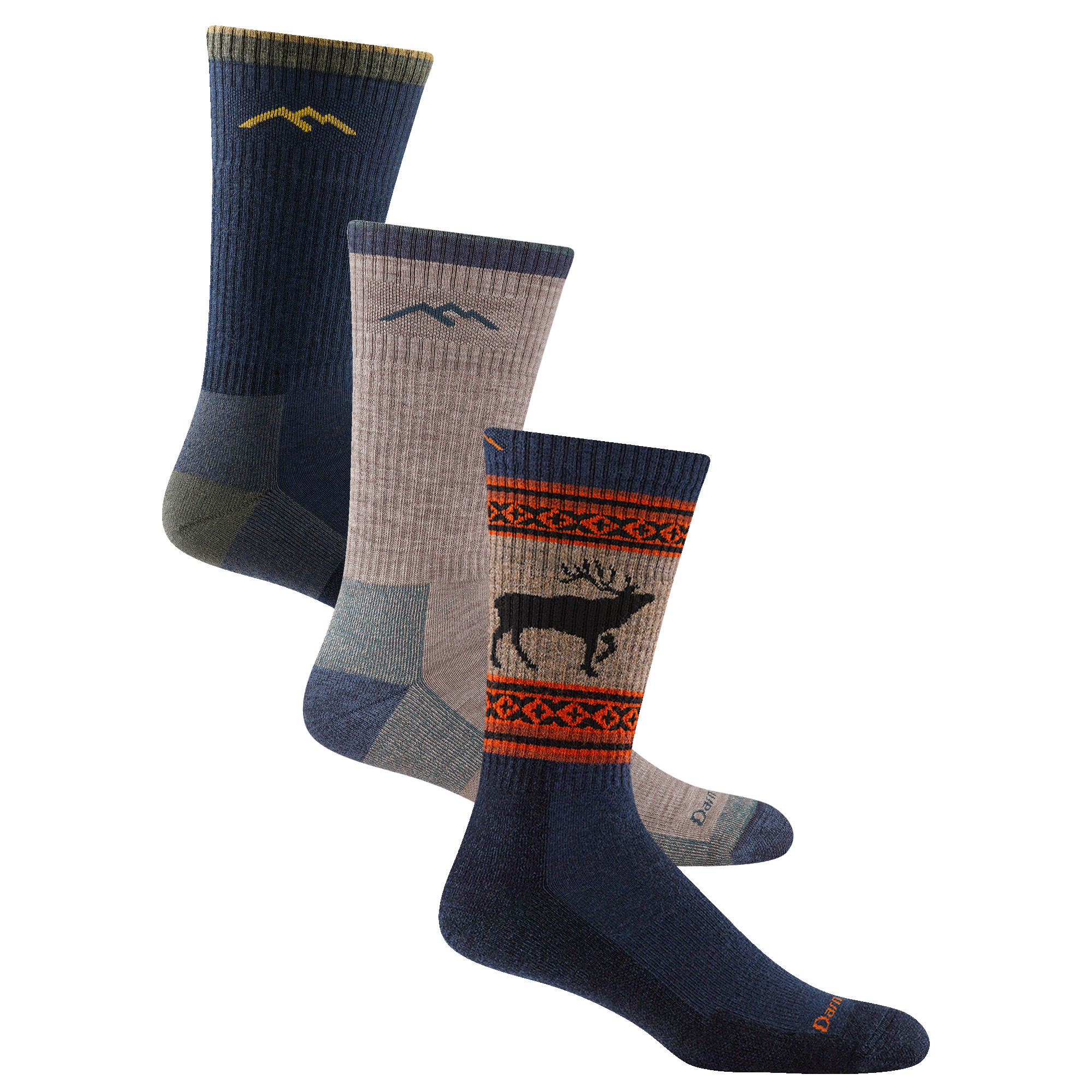 3 pack bundle shot of the men's boot hiking sock in eclipse and rye,  the vangrizzle boot hiking sock in Eclipse