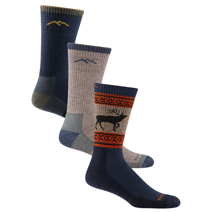 3 pack bundle shot of the men's boot hiking sock in eclipse and rye,  the vangrizzle boot hiking sock in Eclipse
