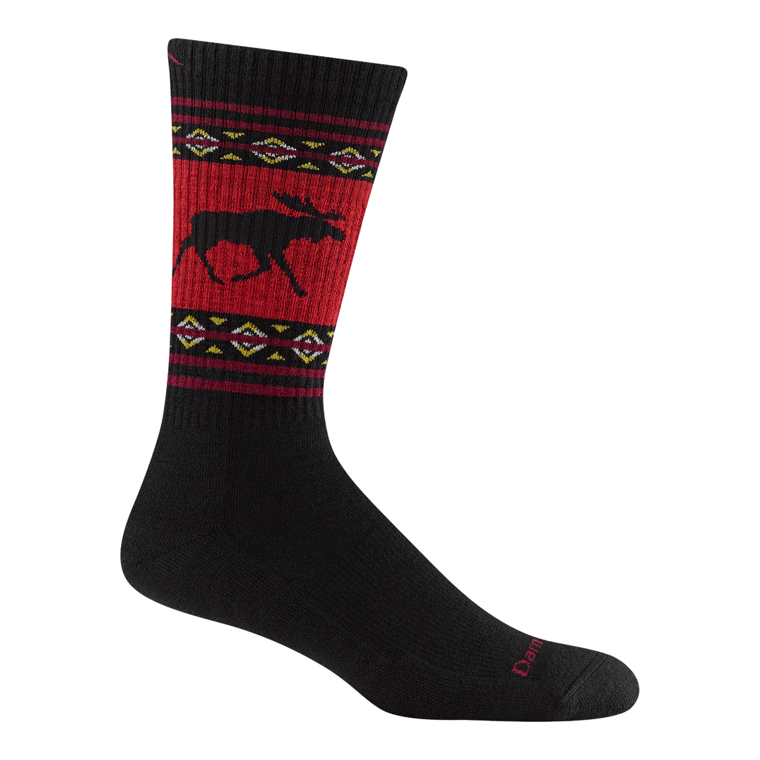1980 men's vangrizzle boot hiking sock in color mooseblack with red and black striping around calf and black moose design