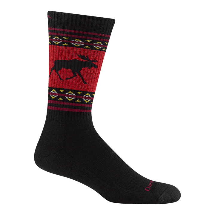 1980 men's vangrizzle boot hiking sock in color mooseblack with red and black striping around calf and black moose design
