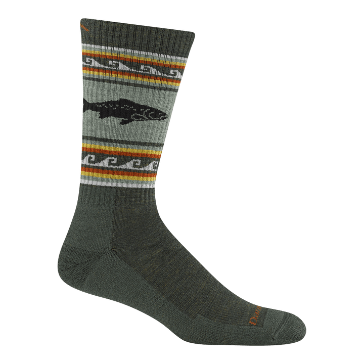 1980 men's vangrizzle boot hiking sock in troutriver green with red, yellow green striping around calf and trout design