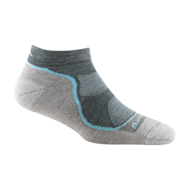 1986 women's light hiker no show hiking sock in slate gray with light gray bottom and light blue stripe down forefoot