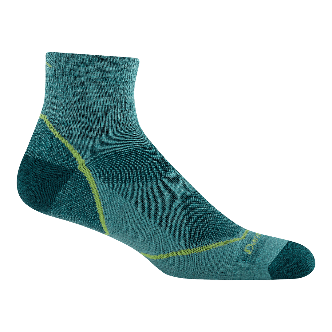 1991 men's light hiker Quarter sock in aqua featuring a dark heel/toe with light teal body and green stripe along foot and heel