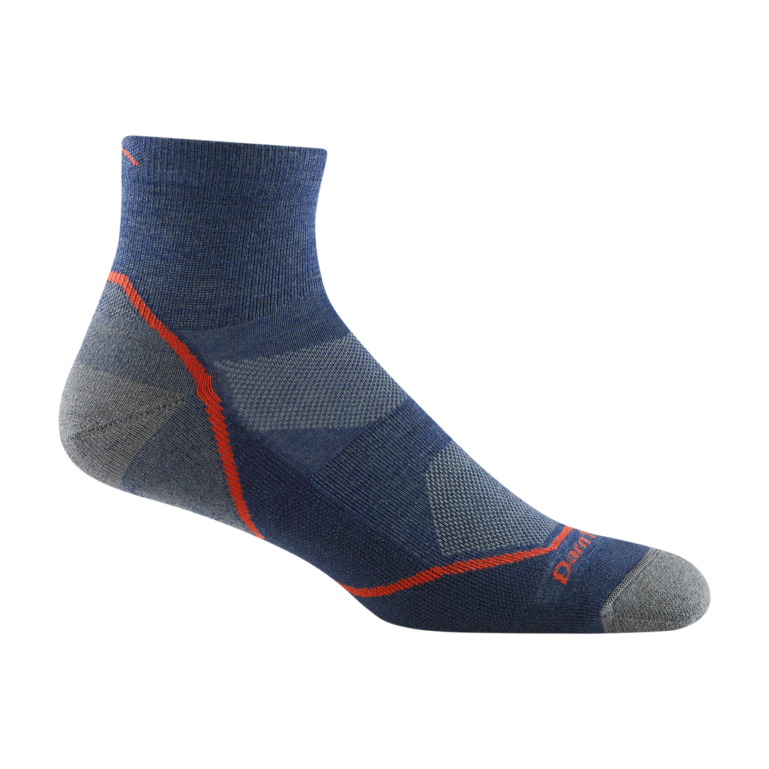 1991 men's light hiker quarter hiking sock in color denim blue with orange stripe on heel and forefoot