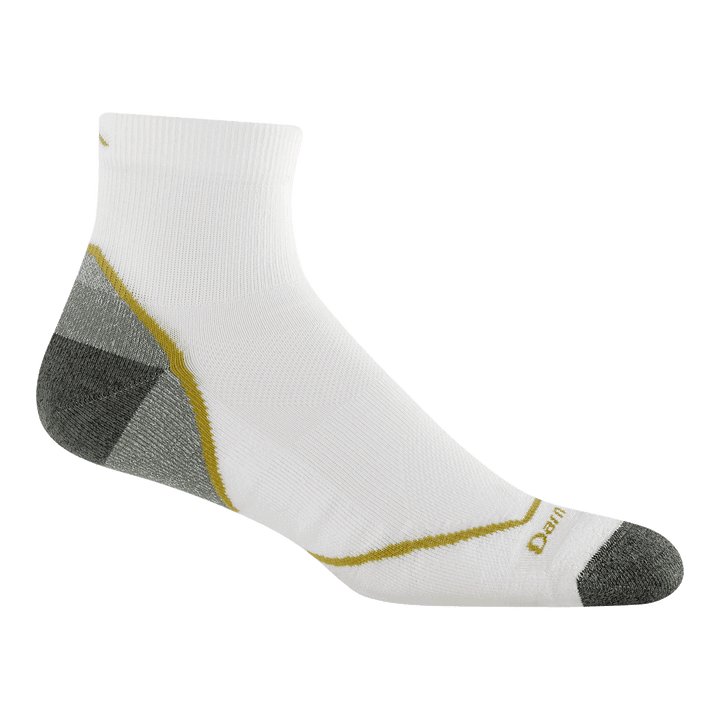 1991 light hiker Quarter in white featuring a taupe heel/toe with white body and gold stripe on foot to ankle 