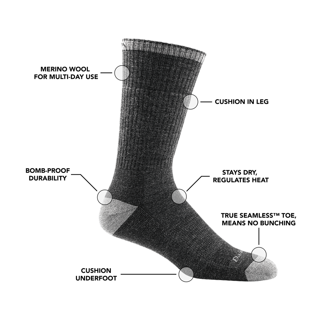 Image of Men's John Henry Boot sock in Gravel calling out all of the features and benefits