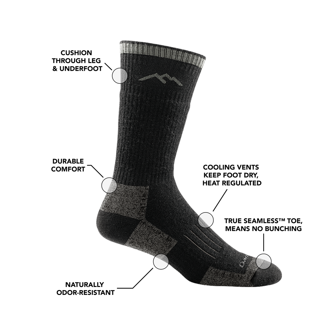 Image of a Hunter Boot Sock in Charcoal calling out all of the features and benefits