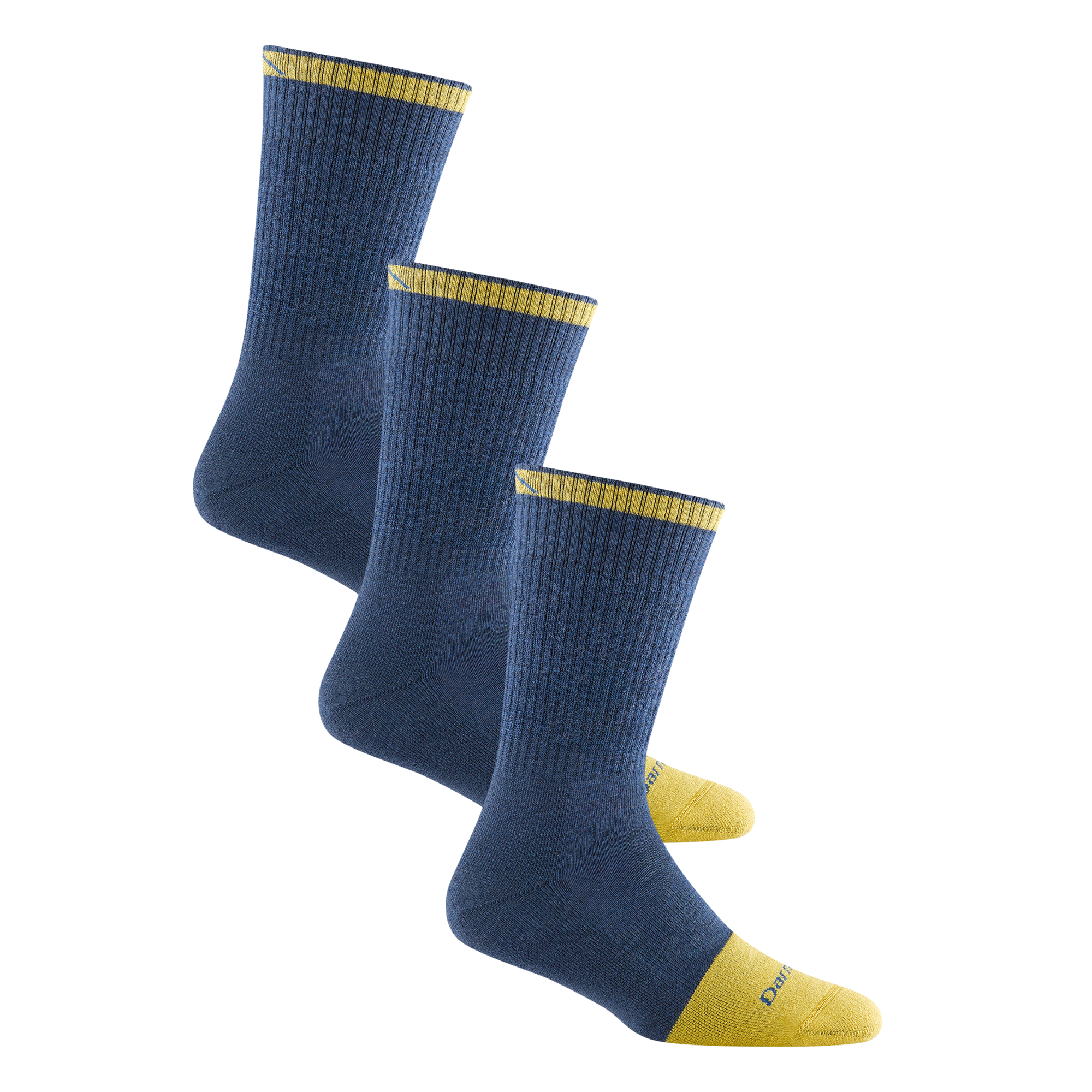 Product bundle shot of three 2015 Steely Boot Work socks in Indigo colorway