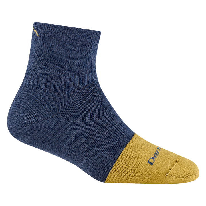 2016 women's steely quarter work sock in color indigo with yellow toe accent and small mountain detail on ankle