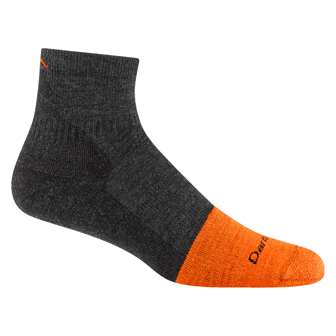 2017 men's steely quarter work sock in graphite gray with bright orange toe accent and small mountain detail on ankle