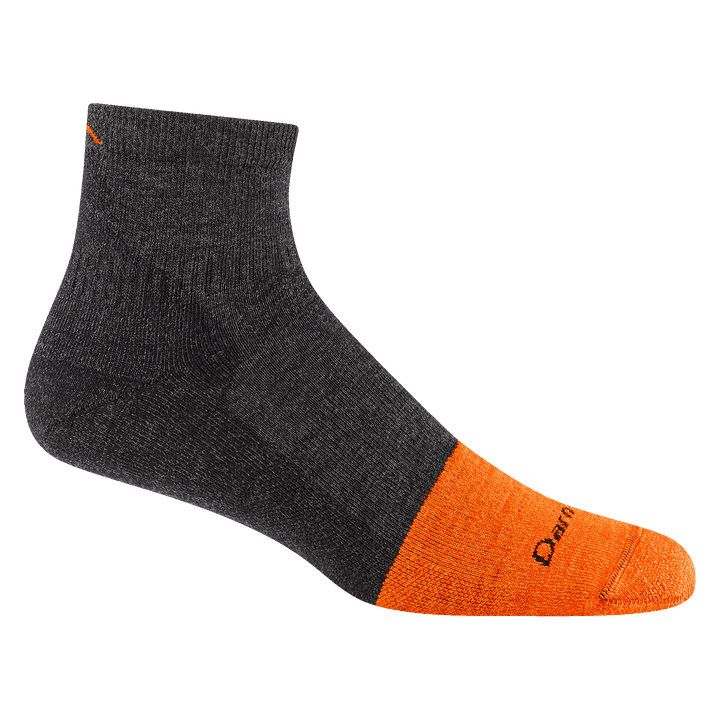 2017 men's steely quarter work sock in graphite gray with bright orange toe accent and small mountain detail on ankle