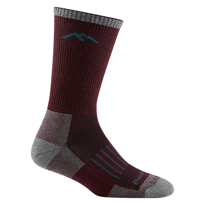 2102 women's hunting boot sock in color burgundy with light gray toe/heel accents and blue vertical striping on forefoot